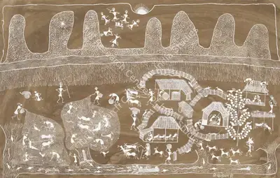 Jivya Soma Mashe (Artist), Untitled (Seated Gods at Sunrise) (Warli), Painting