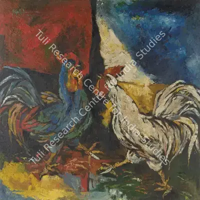 Sajal Roy (Artist), Roosters, 1973, Painting