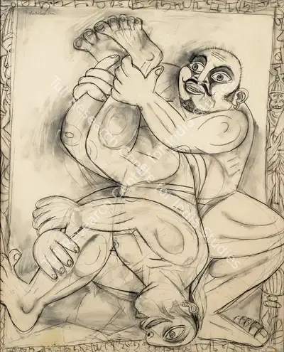 Paritosh Sen (Artist), Wrestlers, 2000, Painting