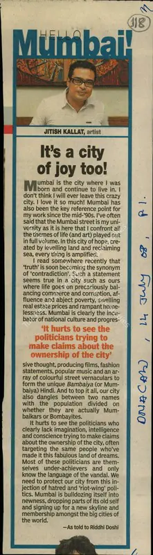 Riddhi Doshi (Reporter), It’s a City of Joy too!, 2008, Newspaper Clipping