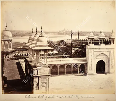 William Baker (Photographer), Entrance Gate of Moti Musjid with Taj in distance,Agra, 1866, Antiquarian Photograph