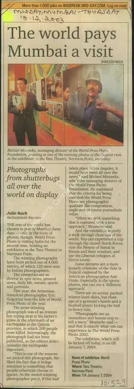 Shailesh Mule (Reporter), The World Pays Mumbai a Visit, 2003, Newspaper Clipping