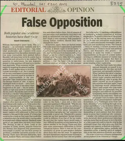 Dipesh Chakrabarty (Writer), False Opposition, 2006, Newspaper Clipping