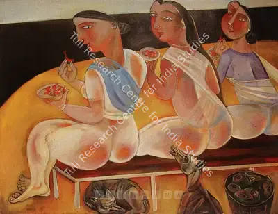 Paritosh Sen (Artist), Young Women Eating Fried Prawns On The Beach, 1990, Painting