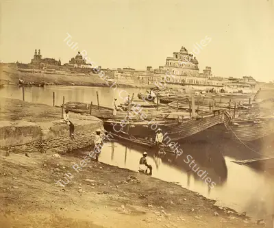Felice Beato (Photographer), Bridge of boats over the Goomtee -the palaces, Chutur Mungil & Furhut Buksh, Lucknow, 1858, Antiquarian Photograph
