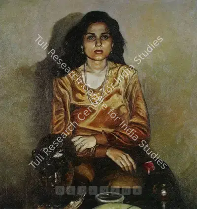 Bhattacharjee, Bikash (Artist). Portrait Of Mrs. Jyoti Thapar. Oil on canvas, 1982-1983 | Painting  | 00880111