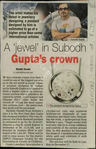 Riddhi Doshi (Reporter), A 'Jewel' in Subodh Gupta's Crown, 2008, Newspaper Clipping