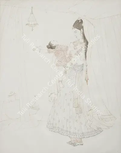 M.A.R. Chughtai (Artist), Untitled (Maiden with child), Drawing