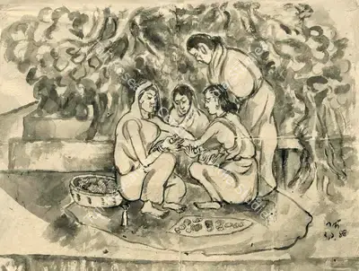 Nandalal Bose (Artist), Bangle Seller, 1945, Drawing