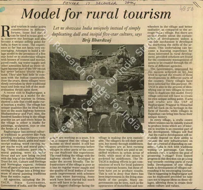 Brij Bhardwaj (Reporter), Model for Rural Tourism, 2004, Newspaper Clipping