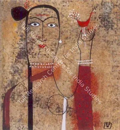 V.S. Gaitonde (Artist), Woman holding a Bird, 1953, Painting