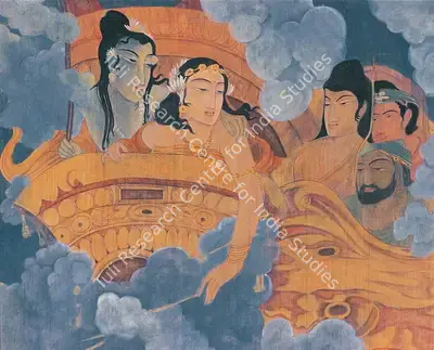 Ramgopal Vijaiwargiya (Artist), Ram and Sita in Pushpak Viman, 1955, Painting
