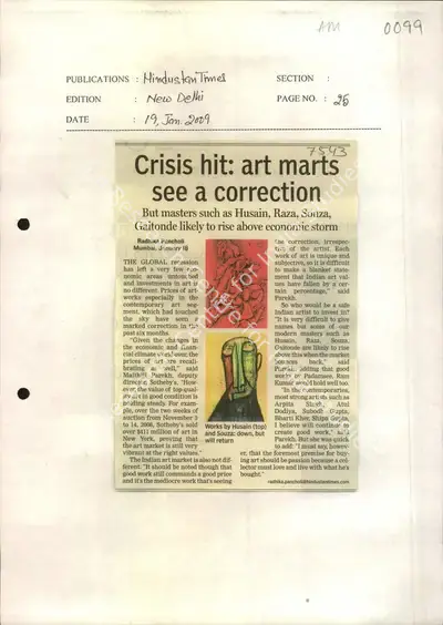 Radhika Pancholi (Reporter), Crisis Hit Art Marts see a Correction, 2009, Newspaper Clipping
