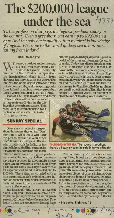 Manju Menon (Reporter), The $200,000 League Under the sea, 2007, Newspaper Clipping