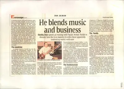 Shobha Nair (Reporter), He blends music and business, 2006, Newspaper Clipping