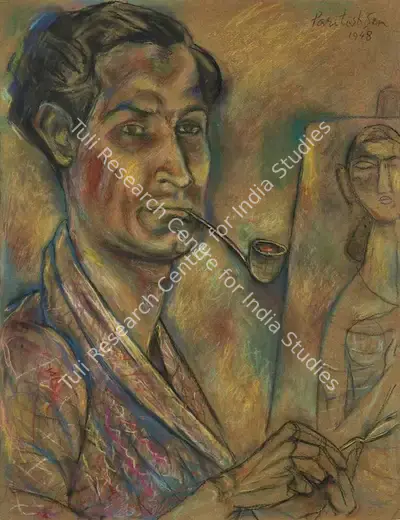 Paritosh Sen (Artist), Self Portrait with Pipe, 1948, Painting
