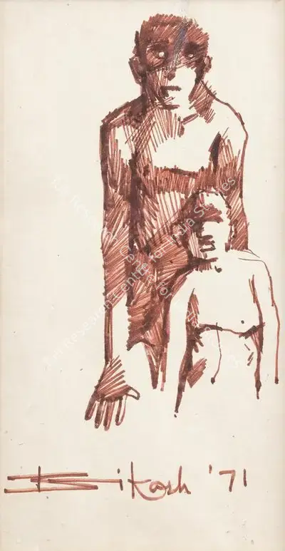 Bikash Bhattacharjee (Artist), Two Figures, 1971, Drawing