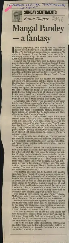 Karan Thapar (Reporter), Mangal Pandey a Fantasy, 2005, Newspaper Clipping