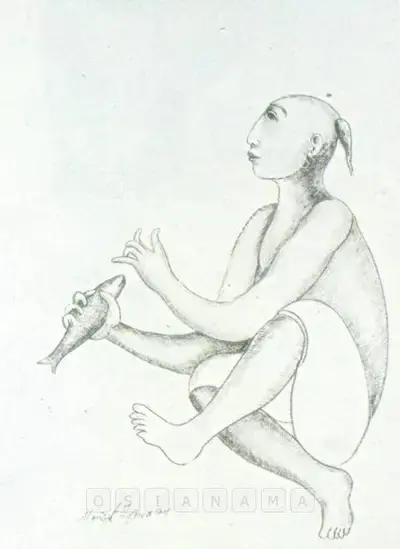Manjit Bawa (Artist), Man With Fish, 1997, Drawing