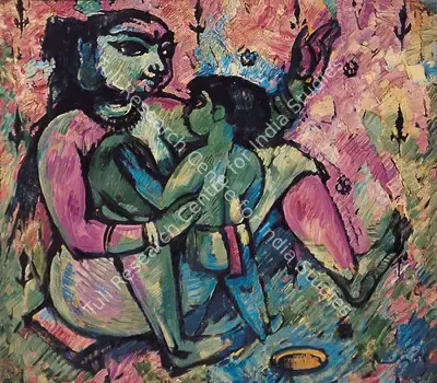 Paniker, K.C.S. (Artist). Mother and Child. Oil on paper, 1955 | Painting | FineArts | 00599078