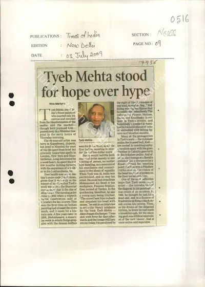 Nina Martyris (Reporter), Tyeb Mehta Stood for Hope over Hype, 2009, Newspaper Clipping