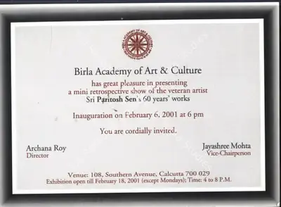 Paritosh Sen (Artist), Paritosh Sen, 2001, Solo Exhibition Invitation