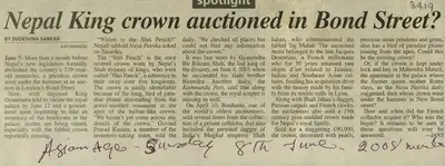 Sudeshna Sarkar (Reporter), Nepal King Crown Auctioned in Bond Street, 2008, Newspaper Clipping