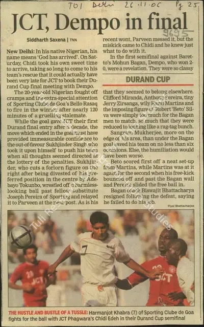Siddharth Saxena (Writer), JCT, Dempo in Final, 2006, Newspaper Clipping