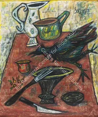 F.N. Souza (Artist), Untitled (A Still-Life of Kitchen Implements and a Rooster on a Table), 1962, Painting