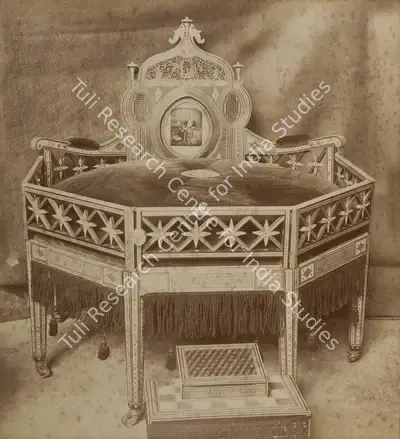 Shew Shankar Narayan (Photographer), His Highness the Maharajah Gaekwar's Ivory inlaid Throne - Bombay Court, 1883, Antiquarian Photograph