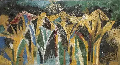 Pai, Laxman (Artist). Birds. Oil on canvas, 1963 | Painting | FineArts | 00600211