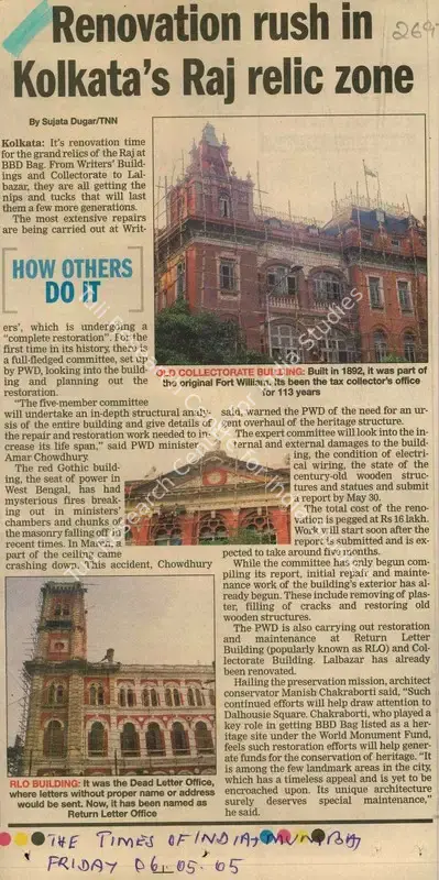 Sujata Dugar (Reporter), Renovation Rush in Kolkata's Raj Relic Zone, 2005, Newspaper Clipping
