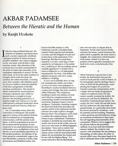 Ranjit Hoskote (Essayist), Akbar Padamsee, 1992, Essay