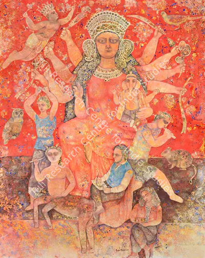 Sakti Burman (Artist), The Artist drawing Durga, 2013, Painting