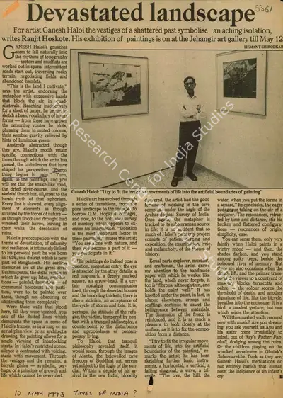 Ranjit Hoskote (Reporter), Devastated Landscape, 1993, Newspaper Clipping