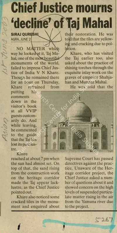Siraj Qureshi (Reporter), Chief Justice Mourns 'Decline' of Taj Mahal, 2003, Newspaper Clipping