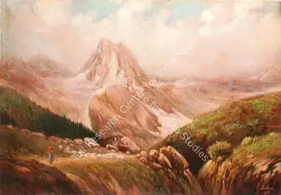 Ustad Allah Bukhsh (Artist), Mountain Landscape with Shepherd and Flock, 1952, Painting