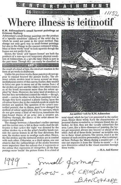 H.A. Anil Kumar (Writer), Where Illness is Leitmotif, 1999, Newspaper clipping