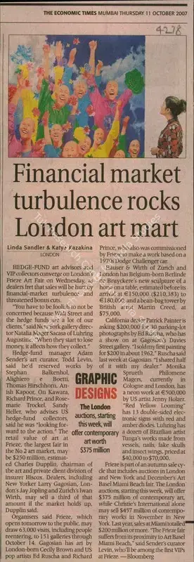 Linda Sandler (Reporter), Financial Market Turbulence Rocks London Art Mart, 2007, Newspaper Clipping