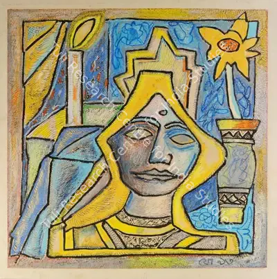 Jogen Chowdhury (Artist), Untitled (Woman with Yellow hair), 1993, Drawing