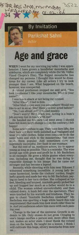 Parikshat Sahni (Writer), Age and Grace, 2006, Newspaper Clipping