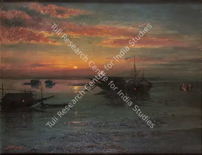 J.P. Gangooly (Artist), Sunset on the Ganga, 1915, Painting