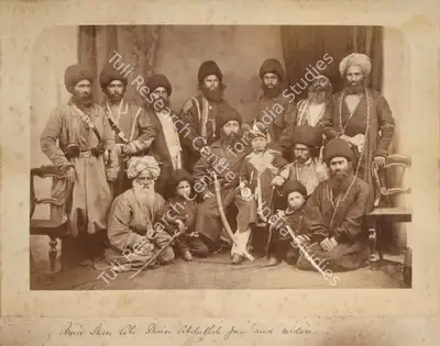 John Burke (Photographer), Amir Shere Ali. Prince Abdullah Jan and sirdars, Jumrood Fort Camp, 1869, Antiquarian Photograph