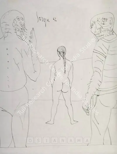 F.N. Souza (Artist), Two Men And A Woman, 1962, Drawing