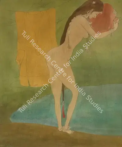 M.A.R. Chughtai (Artist), Bathing Day (Kashmiri Girl Removing Her Dress to Take a Bath in Pond of Water), 1969, Painting