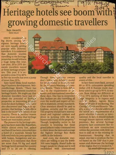 Raja Awasthi (Reporter), Heritage Hotel Boom with Growing Domestic Travellers, 2007, Newspaper Clipping