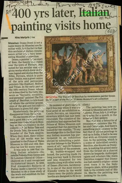 Nina Martyris (Reporter), 400 Yrs later, Italian Painting Visits Home, 2006, Newspaper Clipping
