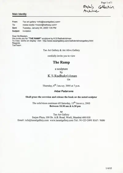 K.S. Radhakrishnan (Artist), The Ramp, 2005, Solo Exhibition Invitation