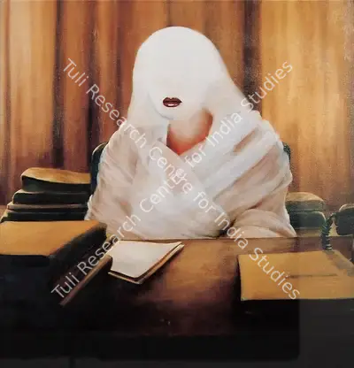 Bhattacharjee, Bikash (Artist). ….In her Office. Oil on canvas, 1979 | Painting | FineArts | 00599056