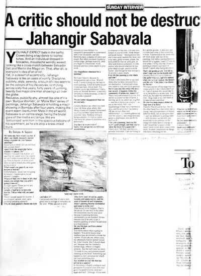 Sanjay A Sayani (Writer), A critic should not be destructive- Jahangir Sabavala, 1988, Newspaper Clipping